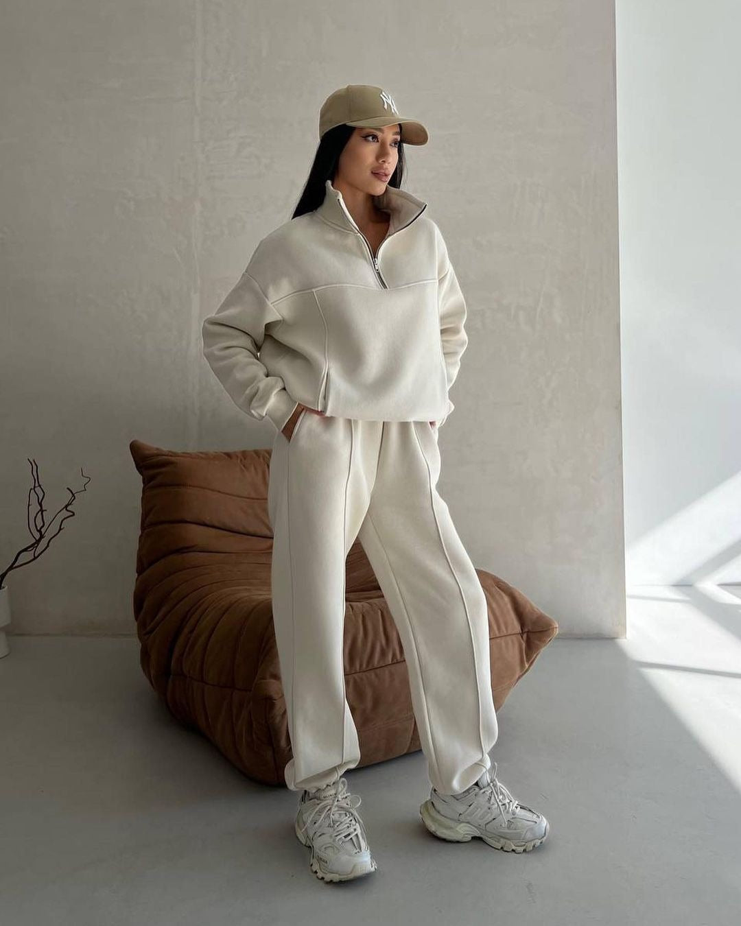 Women Soft Oversized Lounge Set with Zip Collar, Front Pockets and Flattering High-Waist Pants Mune Fashion