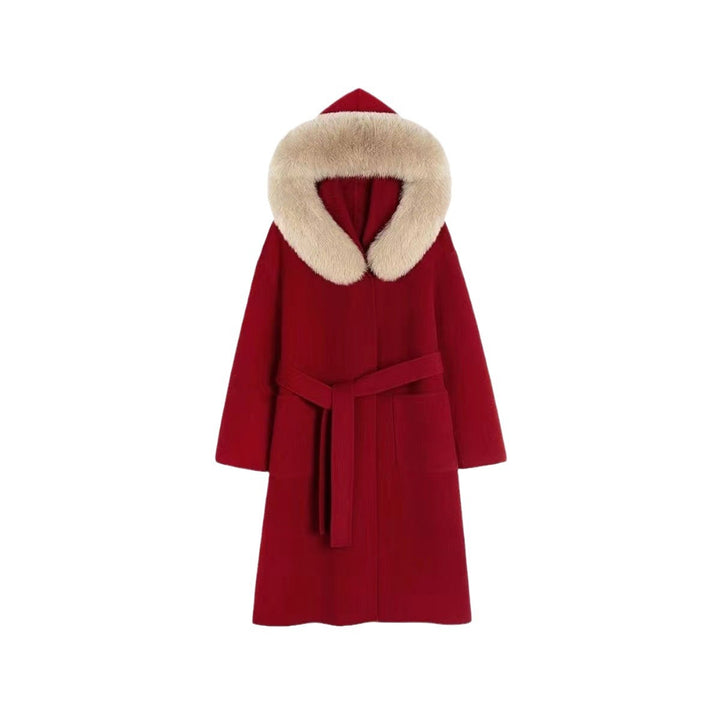 Women's Elegant Wool Blend Coat with Voluminous Fur Collar and Slim Silhouette Mune Fashion