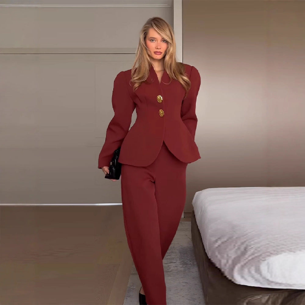 Women's Tailored Blazer with Peplum and Wide High-Waisted Pants Mune Fashion