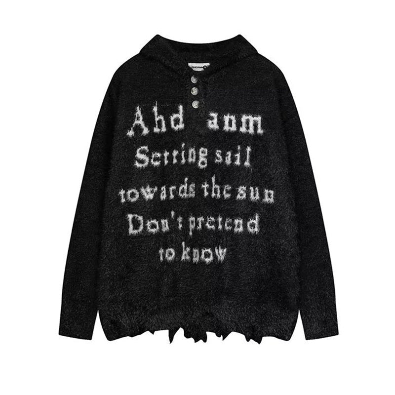 Women Cozy Oversized Sweater with Button Placket and Graphic Design Mune Fashion