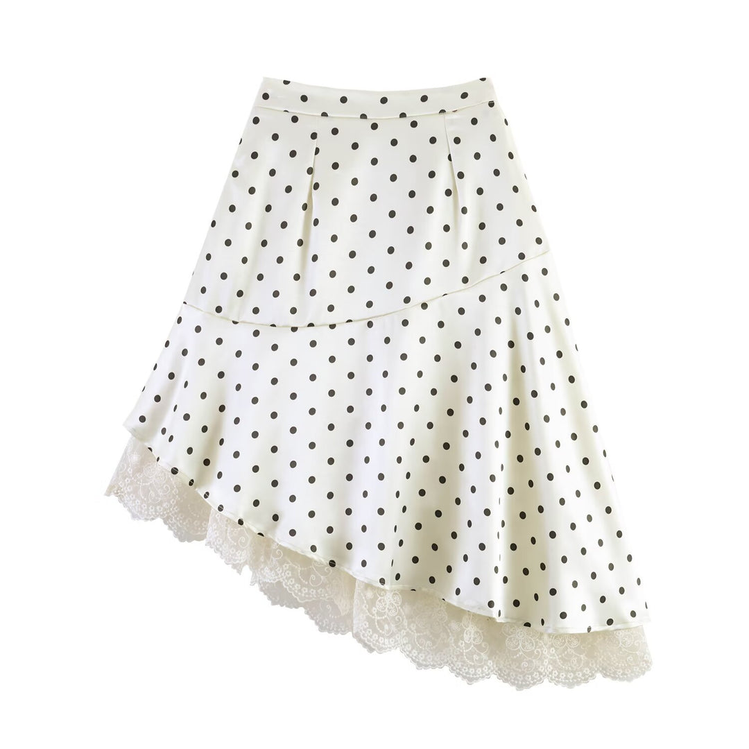Women's Asymmetric Tiered Skirt with Ruffles, Dots, and Lace Trim Mune Fashion