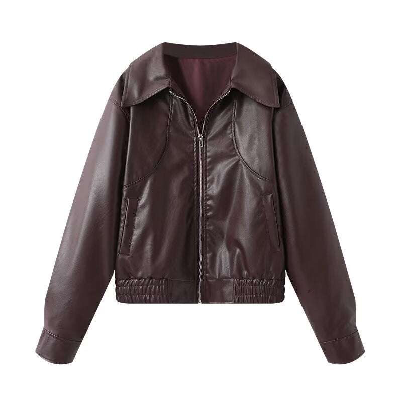 Women Cropped Faux Leather Bomber Jacket with Oversized Shirt Collar and Elastic Hem Mune Fashion