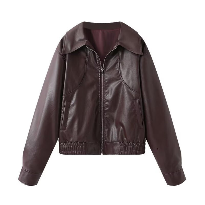 Women Cropped Faux Leather Bomber Jacket with Oversized Shirt Collar and Elastic Hem Mune Fashion