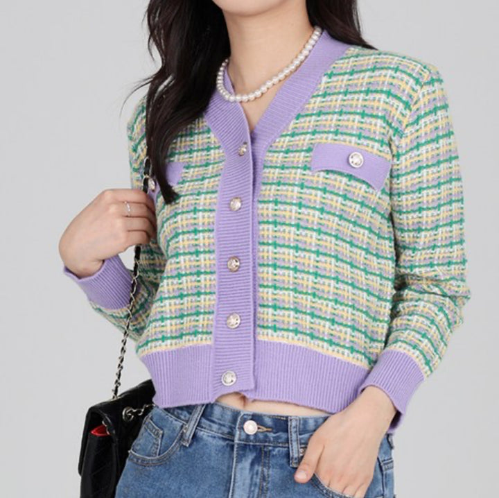 Women's Tweed Knit Cardigan with V-Neck and Decorative Button Placket Mune Fashion