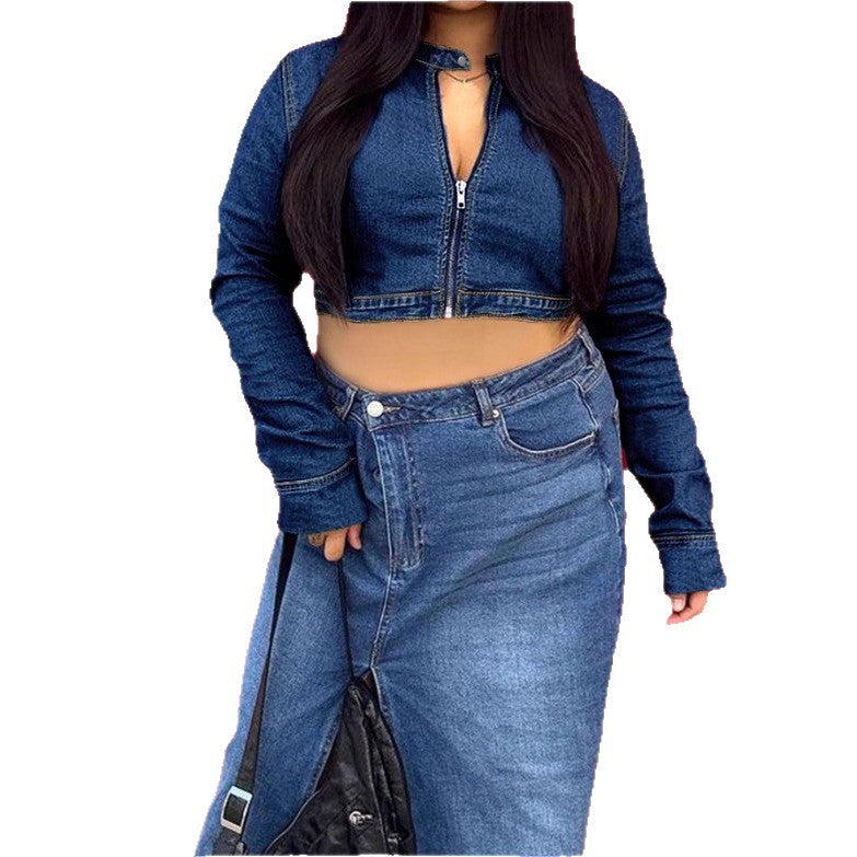 Women's Cropped Denim Hoodie with Zipper and High-Waist Midi Skirt with Front Slit Mune Fashion