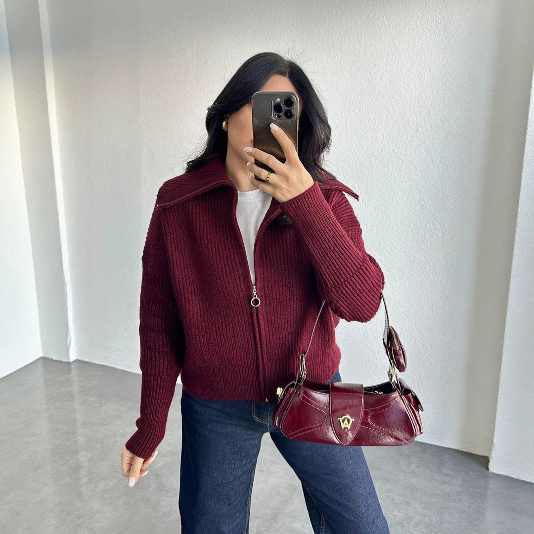 Women's Oversized Cardigan with Zipper and High Collar Mune Fashion