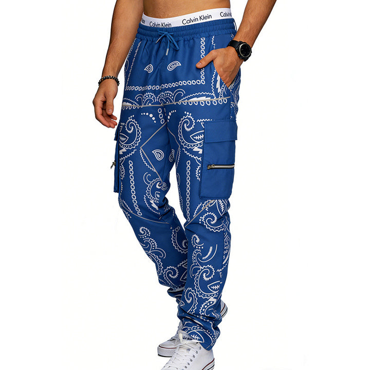 Men's Cargo Jogging Pants with Paisley Pattern, Elastic Waistband, Multiple Zipper and Flap Pockets Mune Fashion