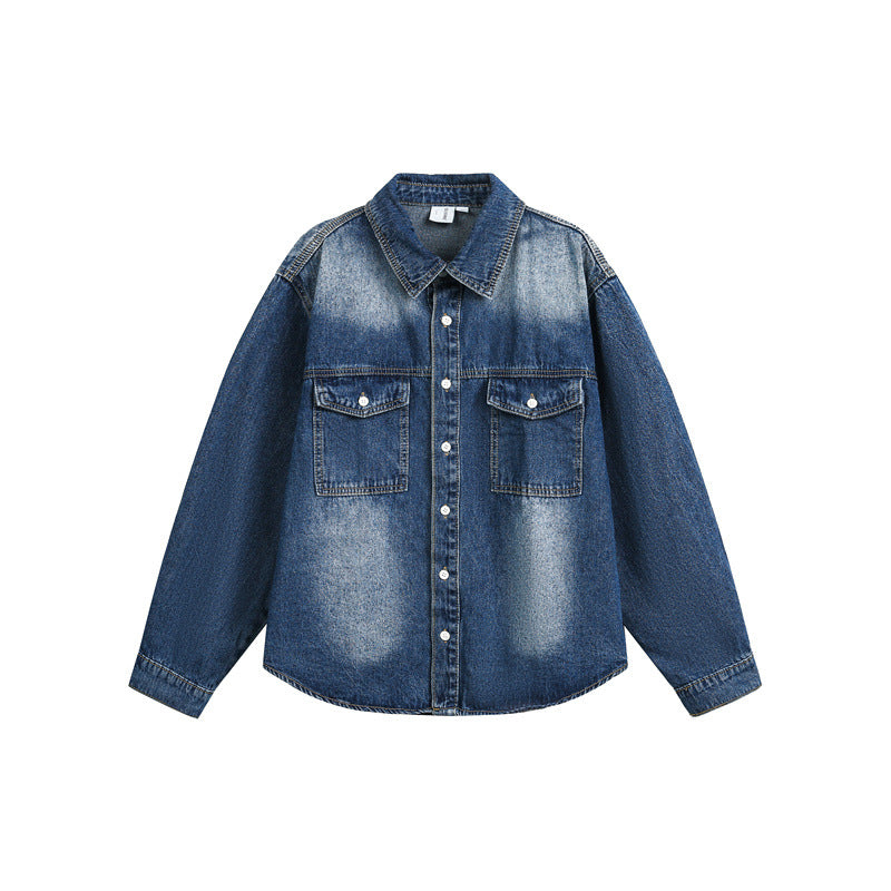 Unisex Oversized Denim Shirt Jacket in Vintage Wash with Patch Chest Pockets Mune Fashion