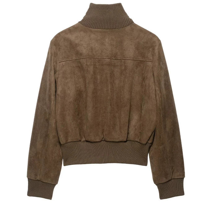Ladies short-cut suede bomber jacket with ribbed collar and patch flap pockets Mune Fashion
