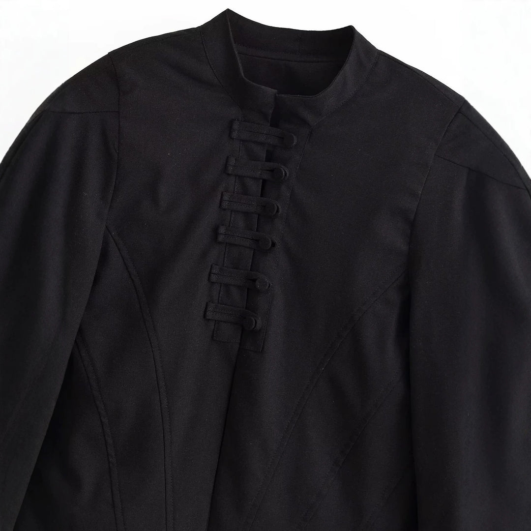 Women Short Tailored Blouson Jacket with Stand-up Collar, Decorative Loops and Seams Drune