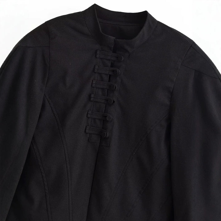 Women Short Tailored Blouson Jacket with Stand-up Collar, Decorative Loops and Seams Drune