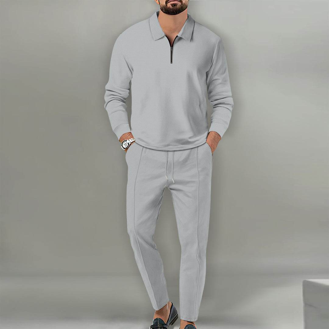 Men's Long Sleeve Henley Polo Shirt with Half Zip and Tapered Jogging Pants Mune Fashion