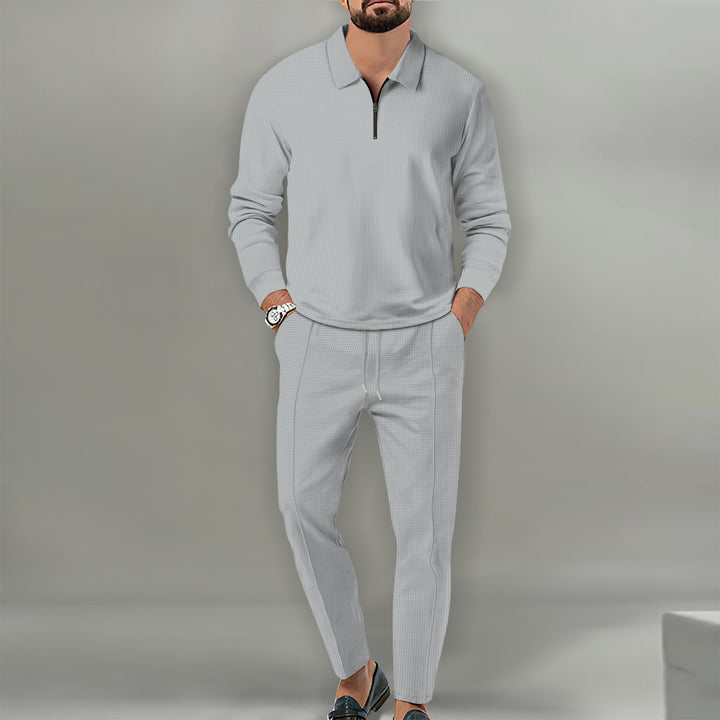 Men's Long Sleeve Henley Polo Shirt with Half Zip and Tapered Jogging Pants Mune Fashion