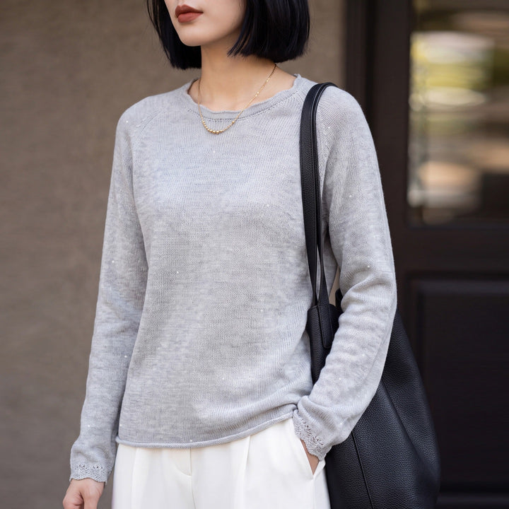 Women lightweight fine knit sweater with subtle glitter look and raglan sleeves Mune Fashion