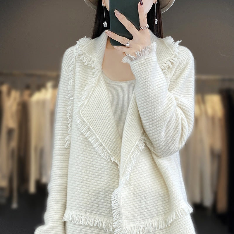 Women’s Long Fringe Knit Cardigan with Large Shawl Collar and Fine Rib Structure Mune Fashion