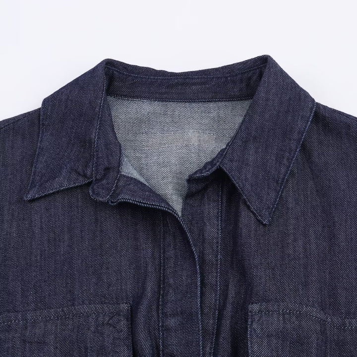 Women's Long Denim Shirt Dress with Waistband and Patch Chest Pockets Mune Fashion