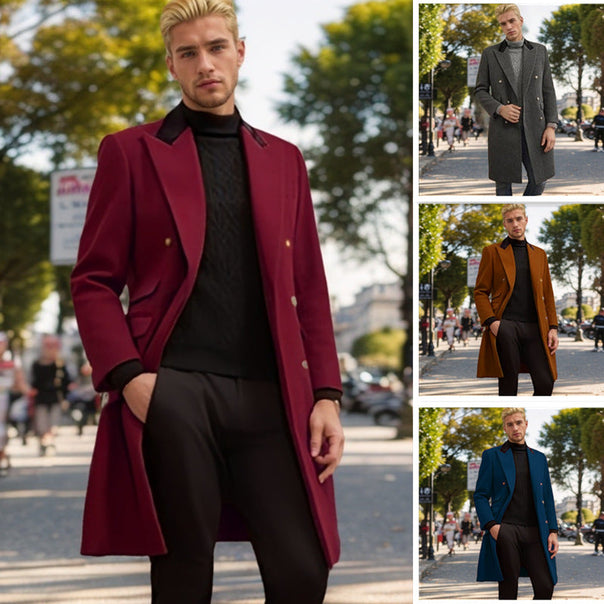Men's Modern Urban Coat with Double Button Placket and Velvet Collar Mune