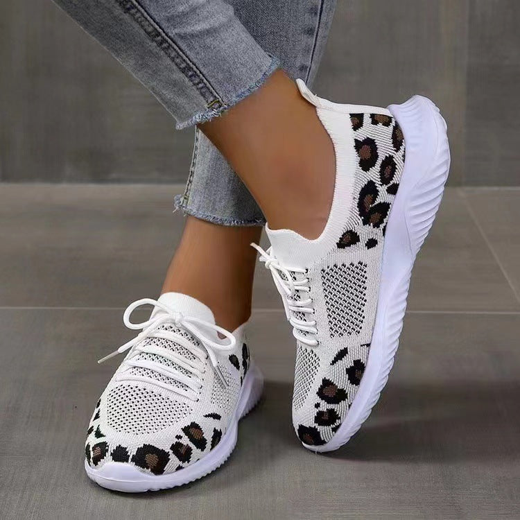 Women's Breathable Knit Slippers with Padded Cushioning Sole and Leopard Shaft Mune Fashion