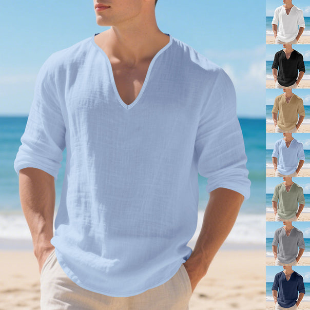 Men's lightweight linen V-neck shirt with a loose fit and roll-up sleeves Mune Fashion