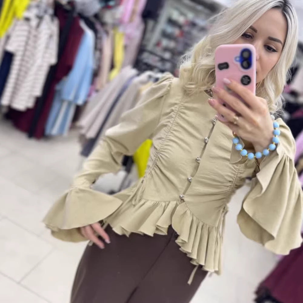 Women's Ruffled Fitted Blouse with Peplum & Puff Sleeves Mune Fashion
