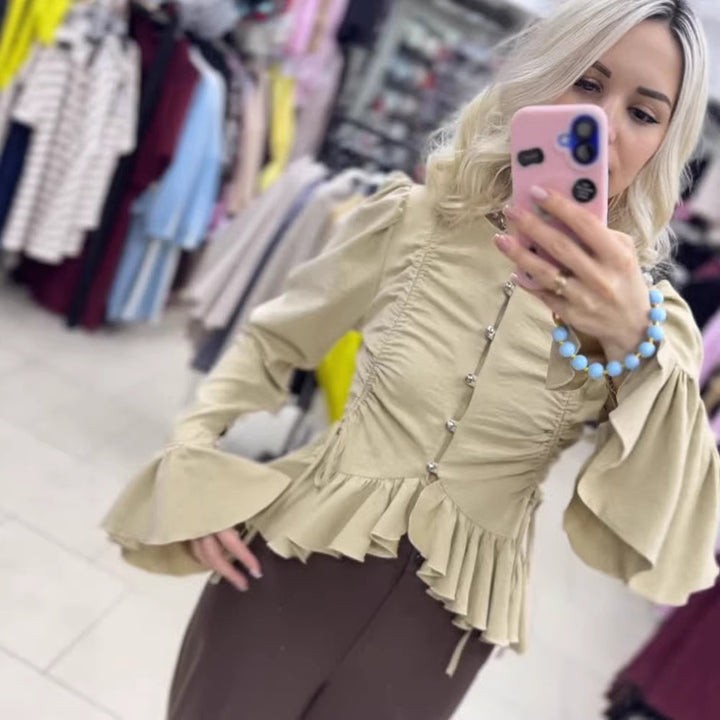 Women's Ruffled Fitted Blouse with Peplum & Puff Sleeves Mune Fashion