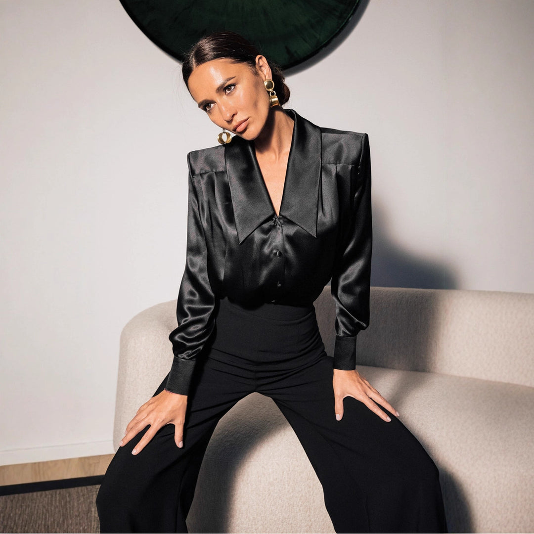 Women Satin Blouse with Oversized Lace Collar and Elegant Long Sleeves Mune Fashion