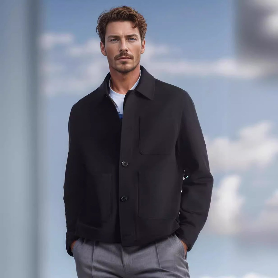 Men's short chore coat with shirt collar, patch pockets, and minimalist button placket Mune Fashion