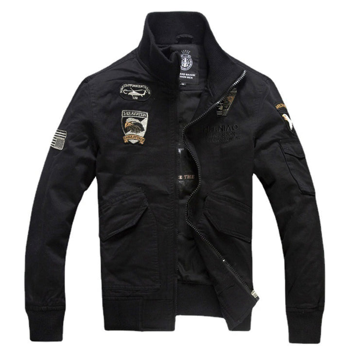Men's nan field bomber jacket in pilot style with embroidered emblems, ribbed collar, and multifunctional arm pocket Mune Fashion