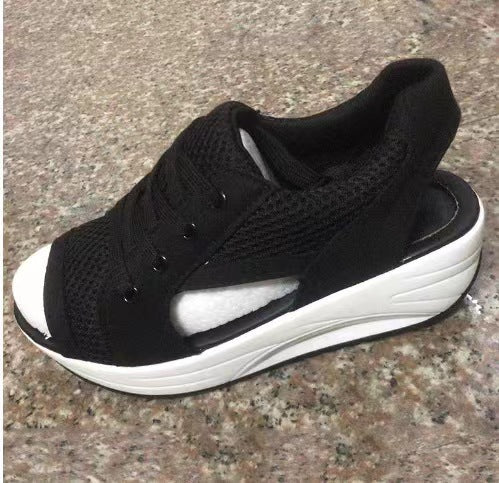 Women's sporty wedge sandal in sneaker style with breathable mesh, padded comfort insole, and open toe area Mune Fashion