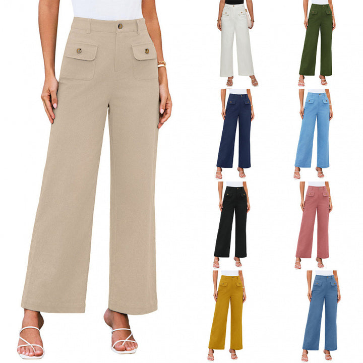 Women High-Waist Palazzo Pants with Flap Button Pockets Mune Fashion