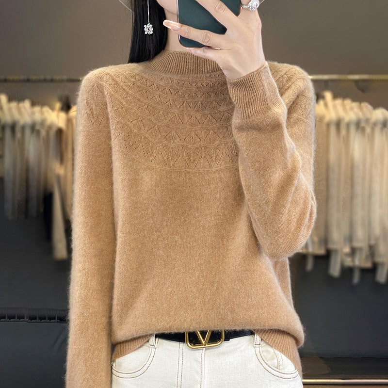 Women's Cozy Mohair Look Pullover with Decorative Structure on the Top and High Collar Mune Fashion