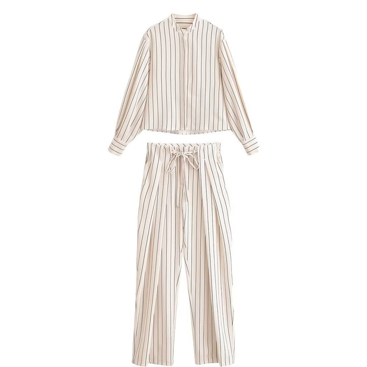 Women's High-waisted Wide Pleated Pants with Drawstring and Vertical Stripes Mune Fashion