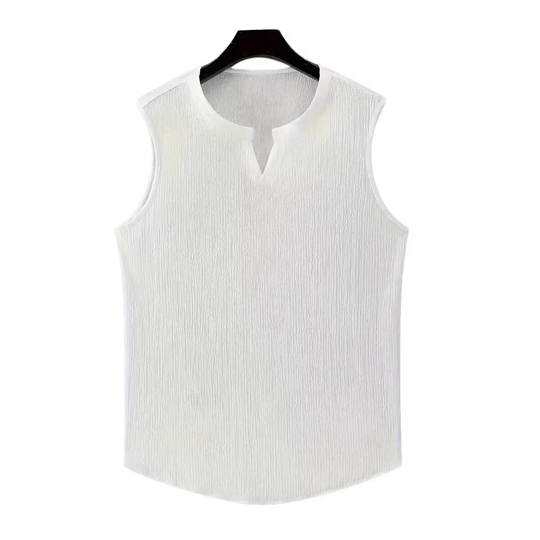 Men's casual crinkle cotton top with notch neckline and rounded hem Mune Fashion