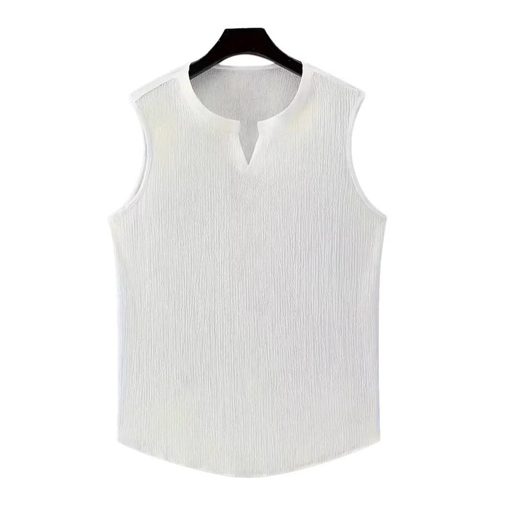 Men's casual crinkle cotton top with notch neckline and rounded hem Mune Fashion