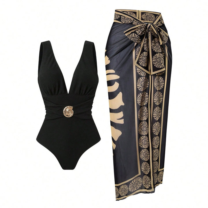 Women's swimsuit with feminine wrap skirt and elegant jewelry detail Mune Fashion