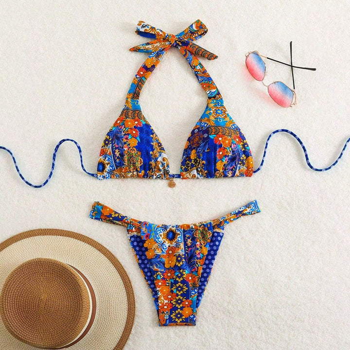 Women Triangle Bikini with Floral Patterns and Playful Ties Mune Fashion