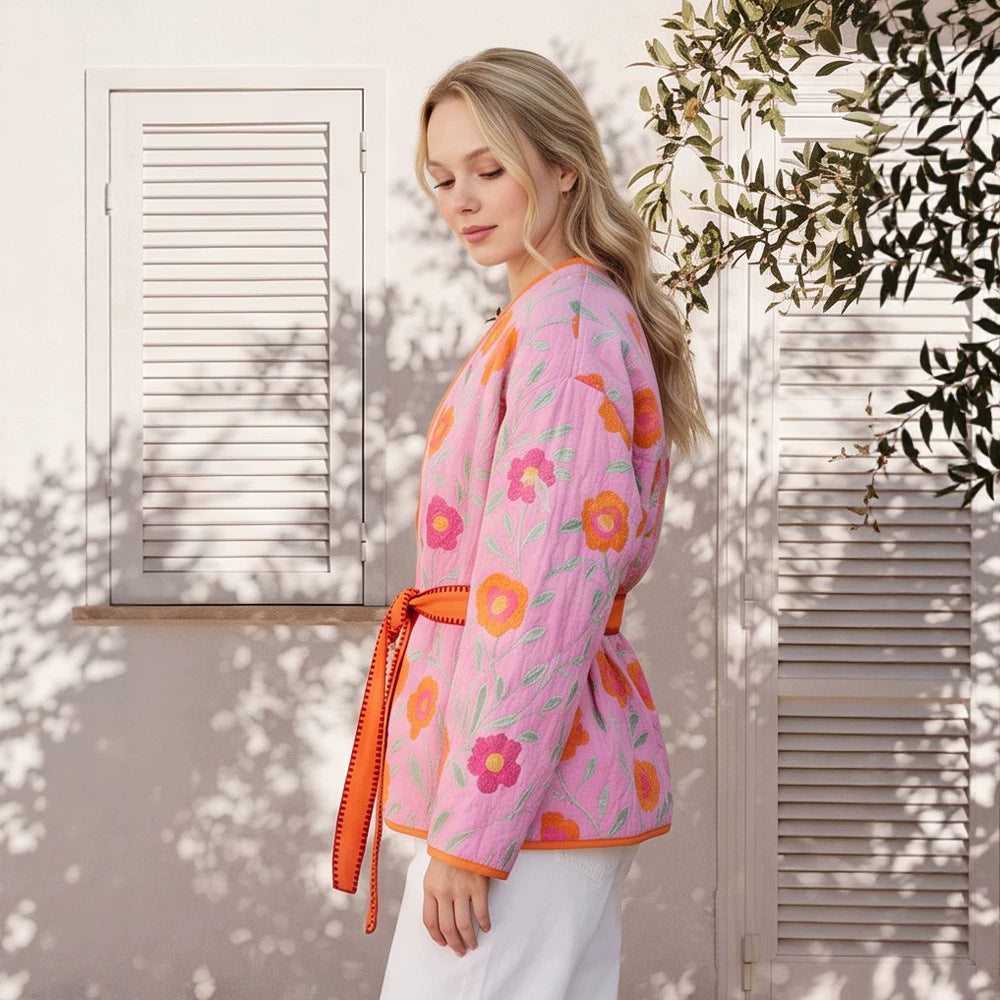 Women's Quilted Floral Kimono with Tie Belt Mune Fashion