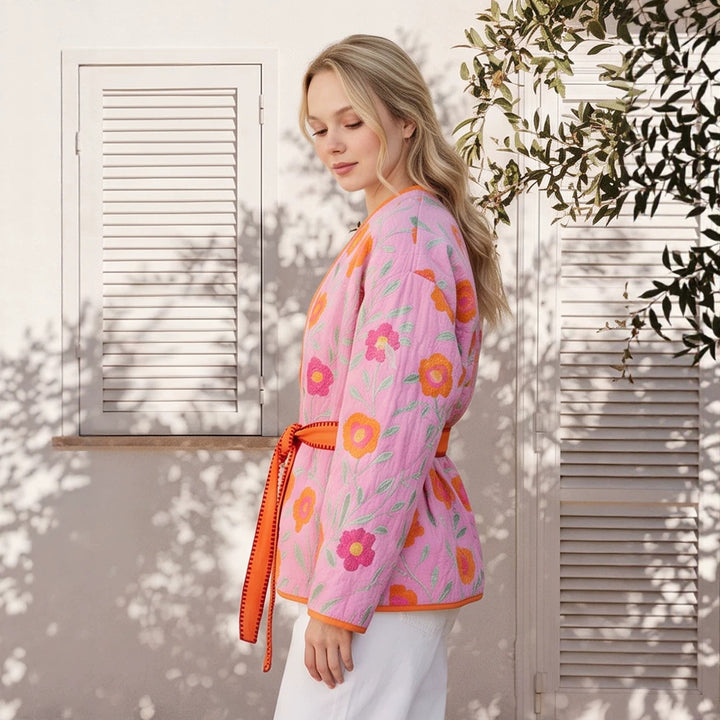 Women's Quilted Floral Kimono with Tie Belt Mune Fashion
