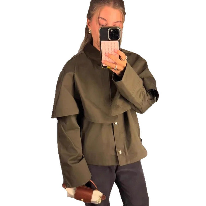 Women's Short Trench Coat with Cape Overlay and Oversized Sleeves Mune Fashion