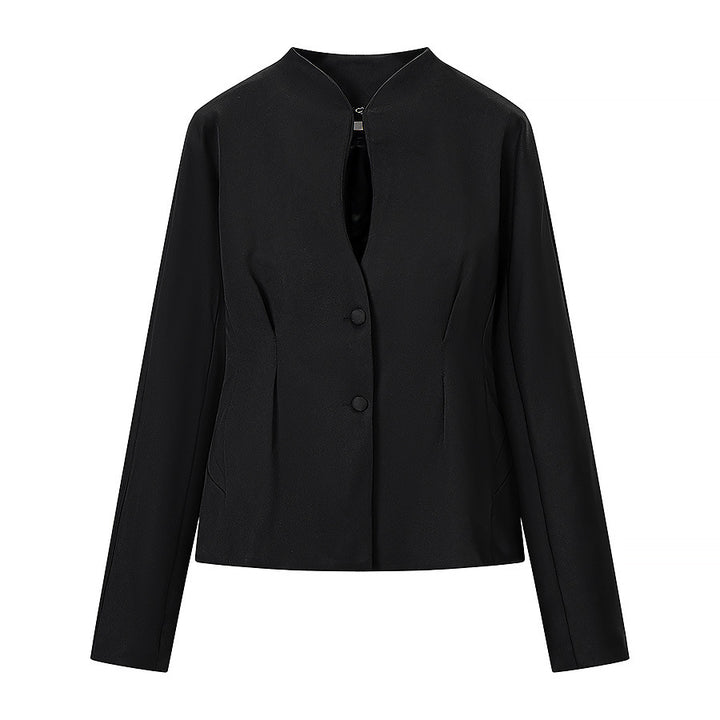 Women Tailored Short Blazer with Keyhole Collar and Tonal Decorative Buttons Mune Fashion