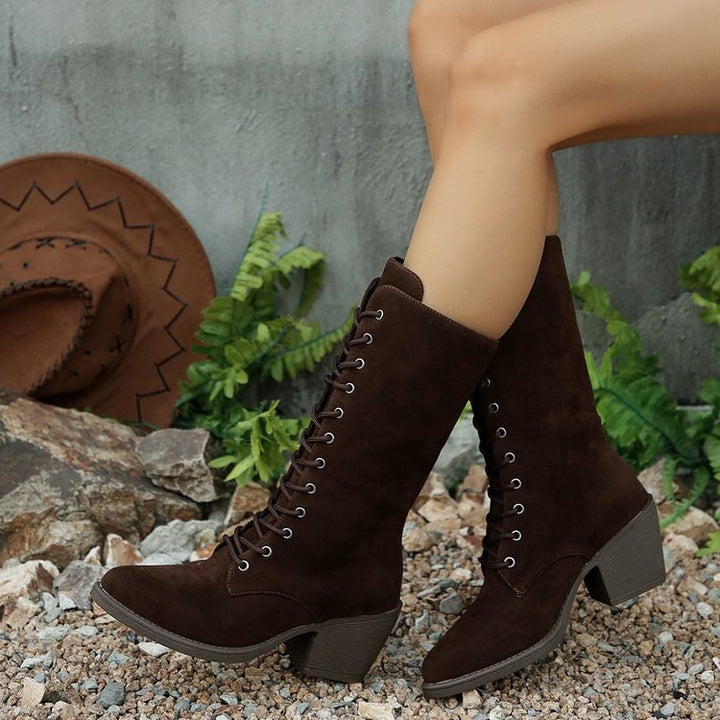 Women Elegant Lace-Up Boots in Suede Look with Mid-High Shaft and Comfortable Block Heel Mune Fashion
