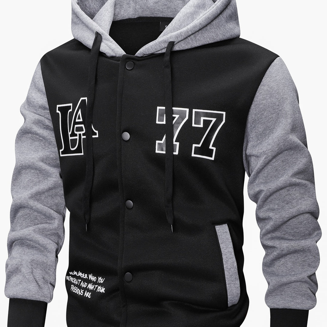 Men's varsity hooded jacket in college look with print, snap button front and contrast sleeves Mune Fashion