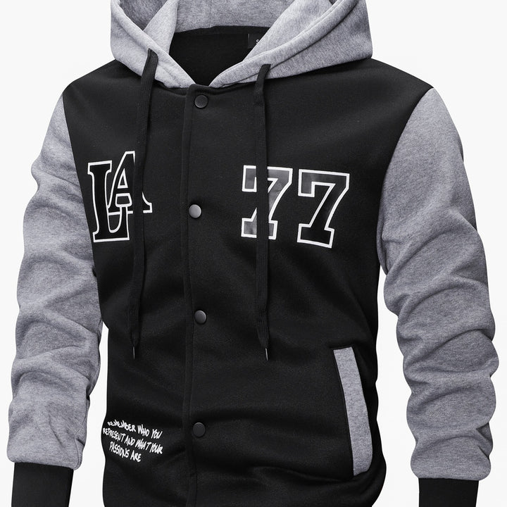 Men's varsity hooded jacket in college look with print, snap button front and contrast sleeves Mune Fashion