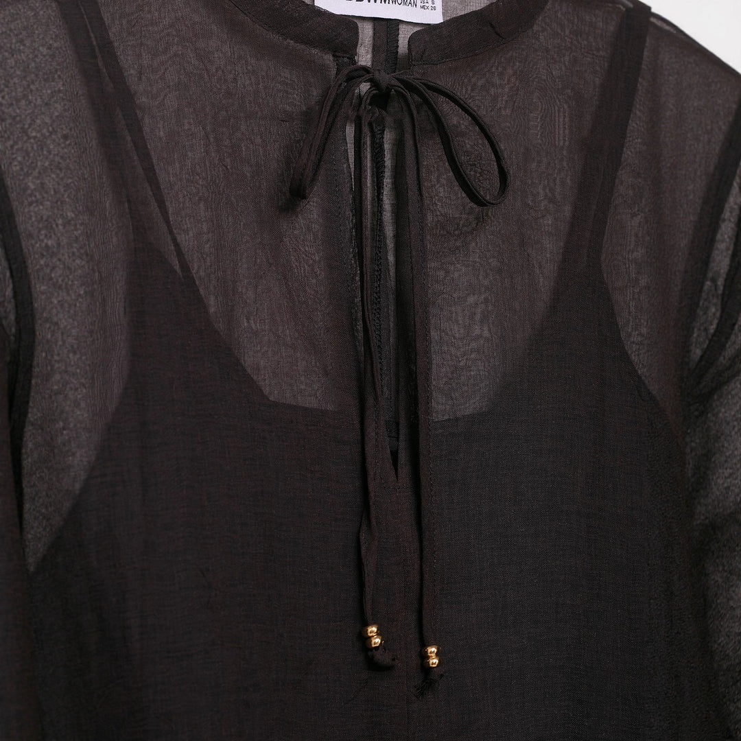 Women Transparent Chiffon Kaftan Dress with Ruffle Sleeves and Drawstring
