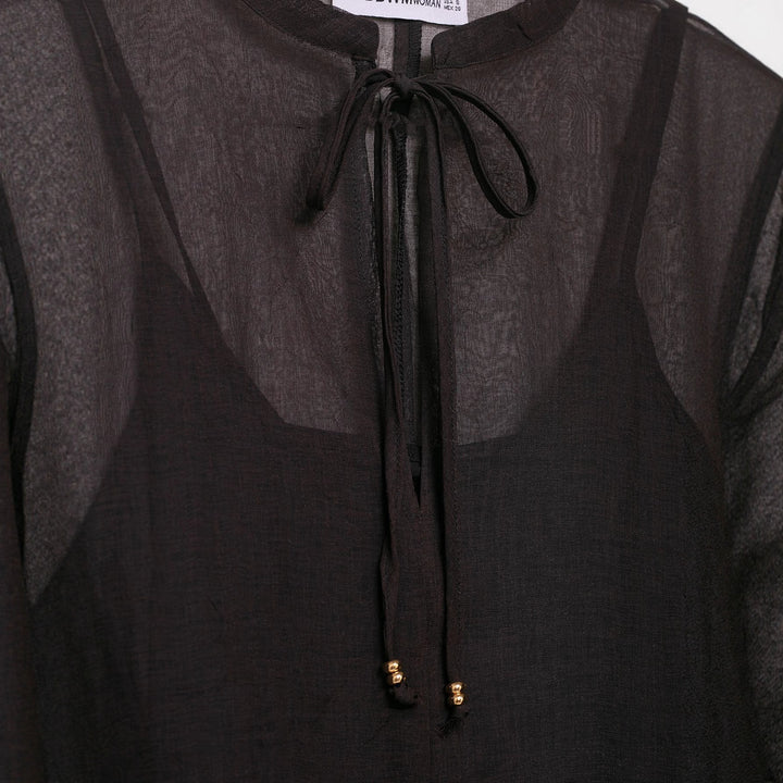 Women Transparent Chiffon Kaftan Dress with Ruffle Sleeves and Drawstring