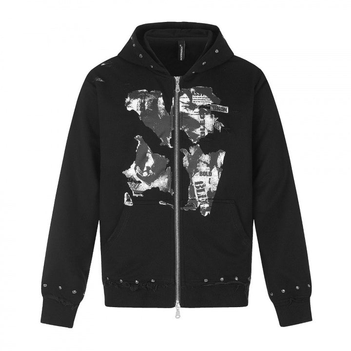 [Men] Hooded sweatshirt jacket with full zip, vintage print and studded details Mune Fashion