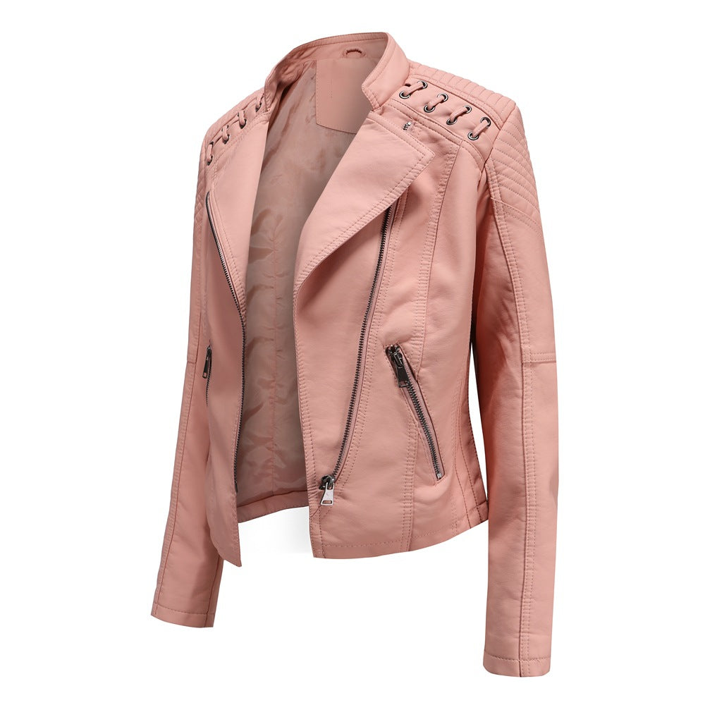 Ladies tailored faux leather biker jacket with quilted shoulder section, asymmetrical zipper and decorative eyelets Mune Fashion