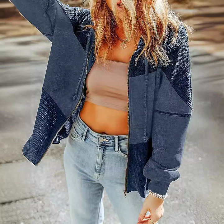 Women's Casual Oversized Hoodie Jacket with Textured Knit Inserts and Zipper Mune Fashion