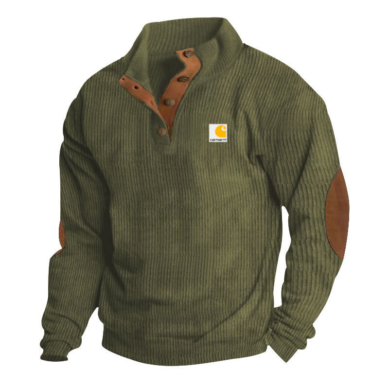 Men's knitted pullover in Troyer style with stand-up collar leather trim snap button placket and elbow patches Mune Fashion