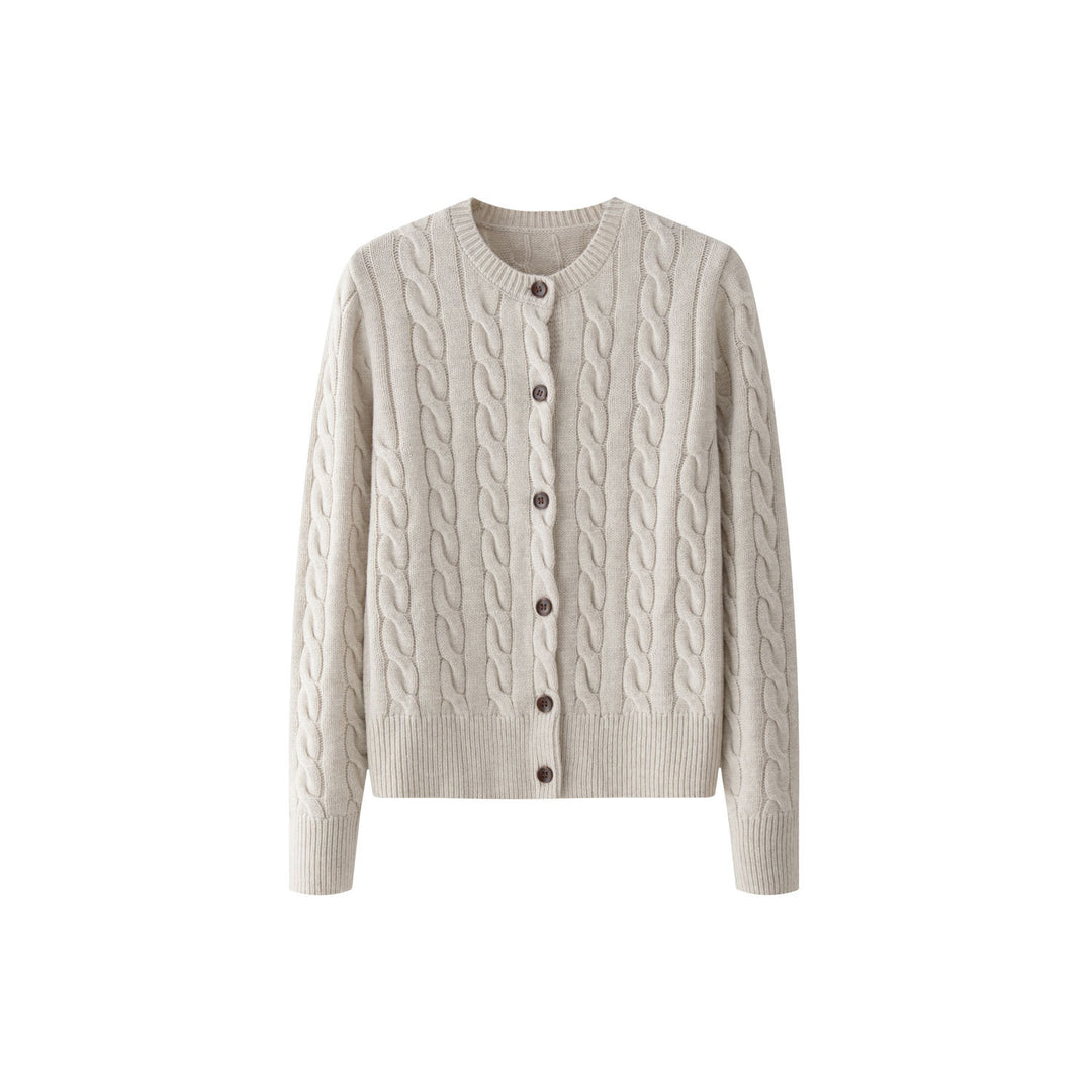 Ladies Cozy Cable Knit Cardigan with V-Neck and Wooden Buttons Mune Fashion
